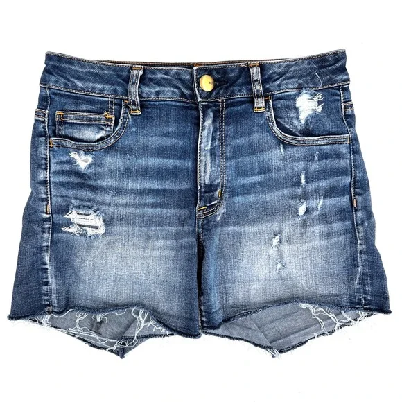American Eagle Hi-Rise Shortie Super Stretch Distressed Denim Shorts Size 10 - Picture 1 of 6
